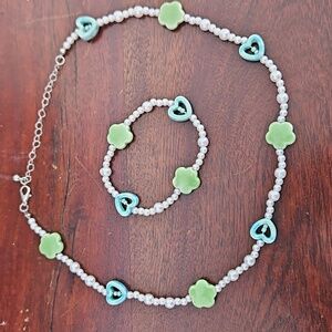 Urban Outfitters Green and Blue Heart Necklace and Bracelet Set